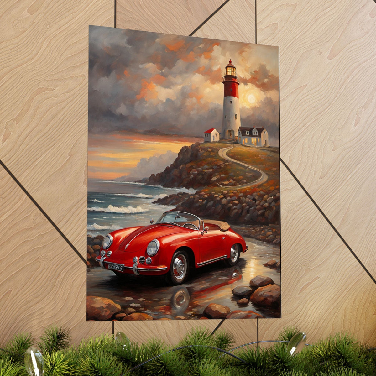Vintage 1956 Porsche 356 Speedster Poster | Coastal Lighthouse Sunset Wall Art | Impressionist European Classic Sports Car Fine Art Paper Print