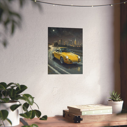 1973 Porsche 911 Wall Art Signal Yellow Night Highway City Skyline Full Moon Poster Classic German Sports Car Oil Painting Fine Art Print for Home Office Decor