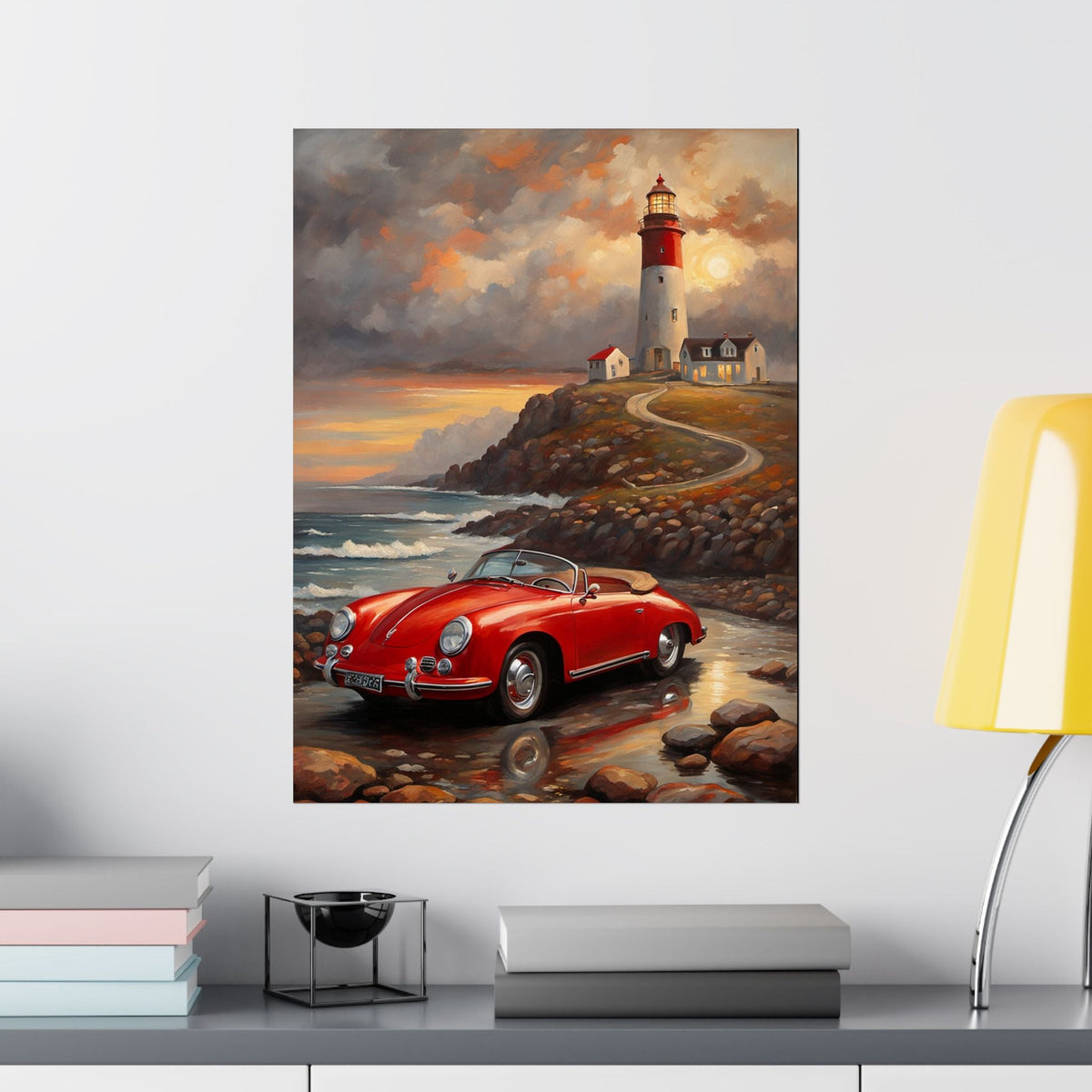 Vintage 1956 Porsche 356 Speedster Poster | Coastal Lighthouse Sunset Wall Art | Impressionist European Classic Sports Car Fine Art Paper Print