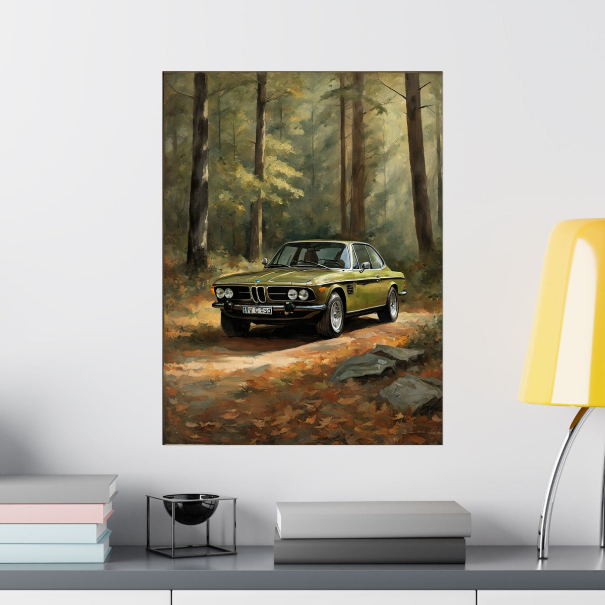 1973 BMW 30 CSL Wall Art Taiga Metallic Green Autumn Forest Sunlight Poster Classic German Sports Coupe Oil Painting Fine Art Print for Home Office Decor
