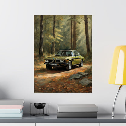 1973 BMW 30 CSL Wall Art Taiga Metallic Green Autumn Forest Sunlight Poster Classic German Sports Coupe Oil Painting Fine Art Print for Home Office Decor