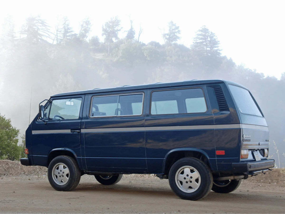 OEM Replica alloy wheel bundle for Bus/Vanagon from GoWesty, 15-inch wheel with five-spoke design.