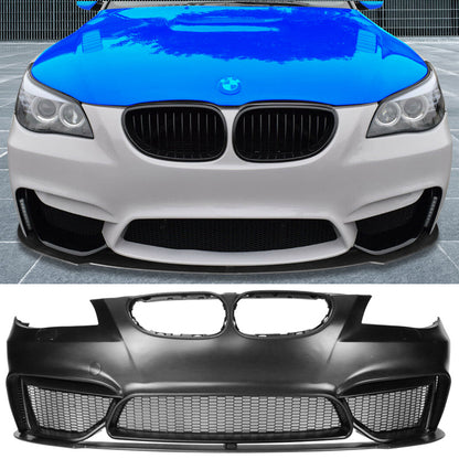 Unpainted black BMW E60 5 Series M4 style front bumper cover for 2004-2010, made of durable PP by K2 Industries.