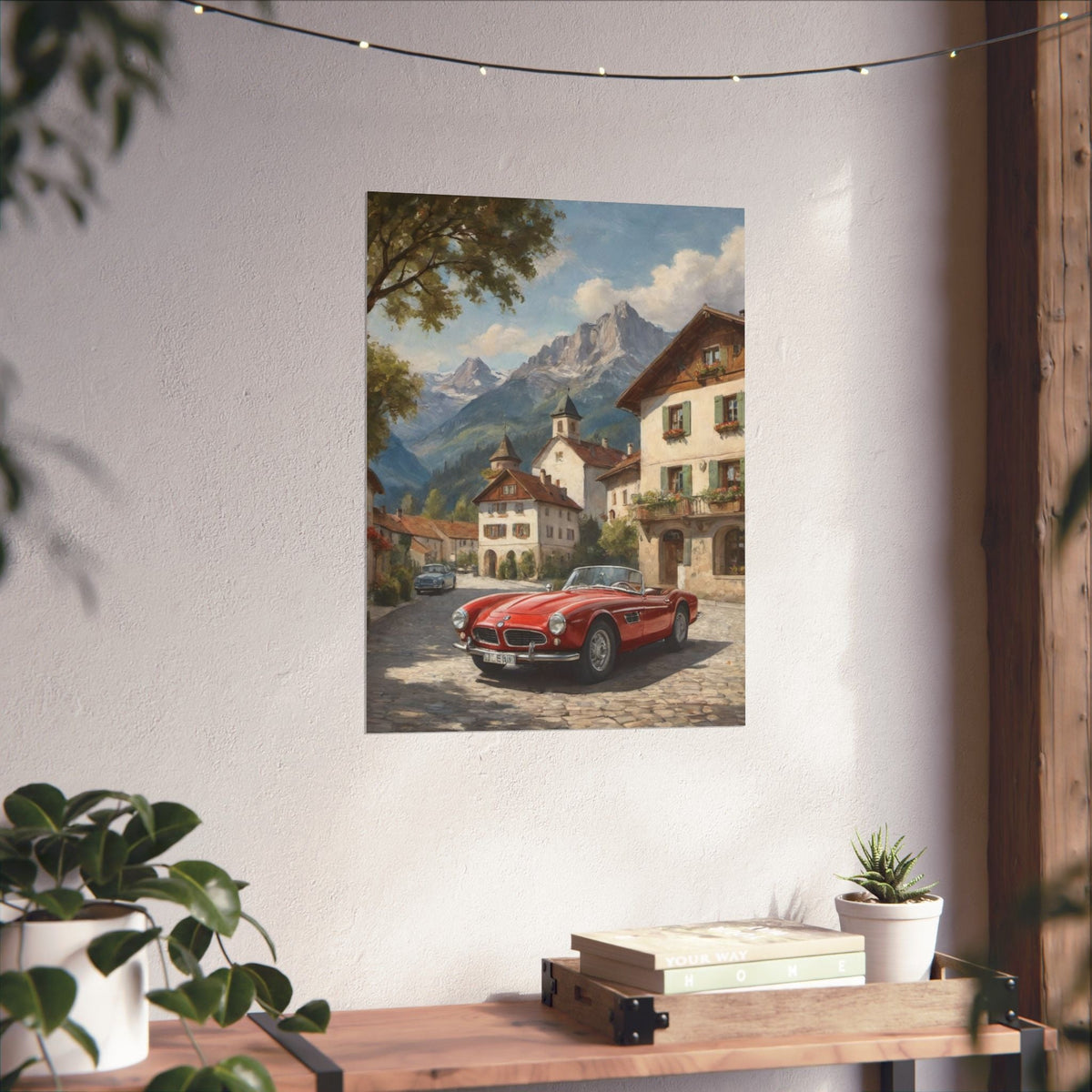 Vintage 1957 BMW 507 Roadster Poster | Bavarian Alpine Village Wall Art | Impressionist European Classic Sports Car Fine Art Paper Print