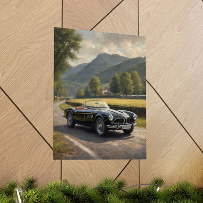 Vintage 1957 BMW 507 Roadster Poster | Countryside Mountain Road Wall Art | Impressionist European Classic Sports Car Fine Art Paper Print