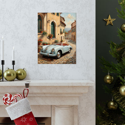 Vintage 1956 Porsche 356 Speedster Poster | Italian Village Street Wall Art | Impressionist European Classic Sports Car Fine Art Paper Print