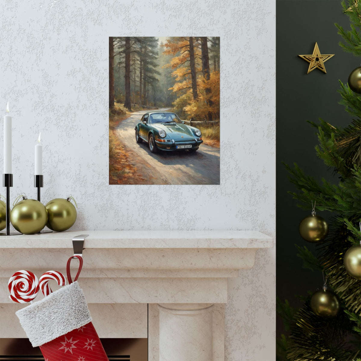 1973 Porsche 911 Wall Art Forest Green Autumn Pine Forest Dirt Road Poster Classic German Sports Car Oil Painting Fine Art Print for Home Office Decor