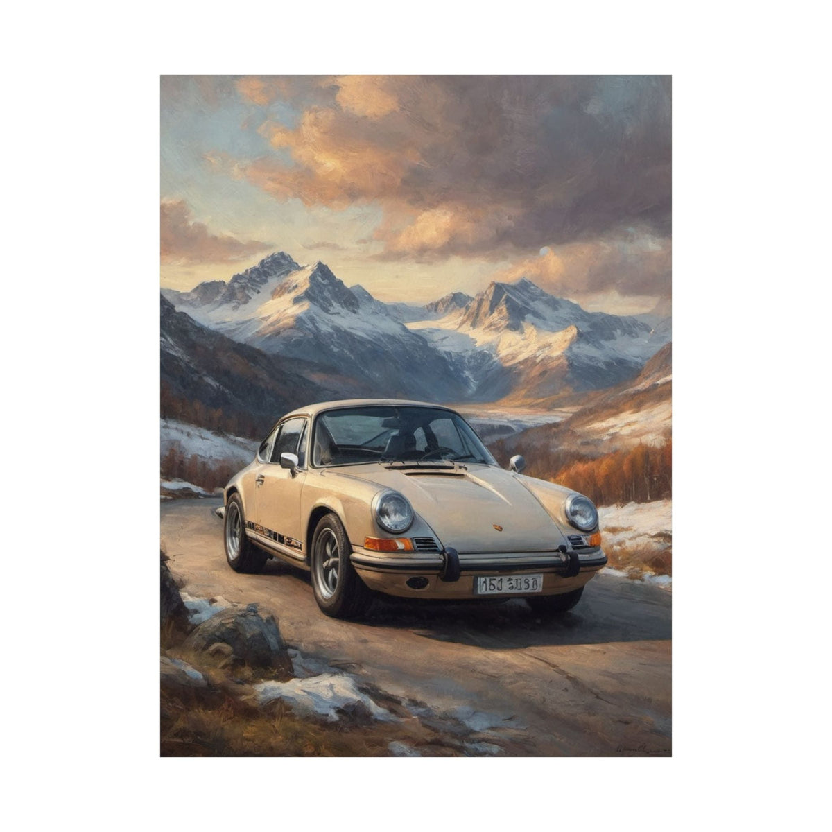 1973 Porsche 911 Wall Art Beige Sahara Grey Snow Capped Alps Alpine Pass Sunset Poster Classic German Sports Car Oil Painting Fine Art Print for Home Office Decor