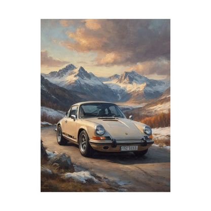 1973 Porsche 911 Wall Art Beige Sahara Grey Snow Capped Alps Alpine Pass Sunset Poster Classic German Sports Car Oil Painting Fine Art Print for Home Office Decor