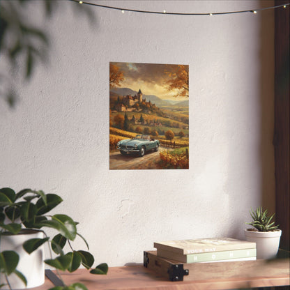 Vintage 1957 BMW 507 Roadster Poster | Autumn Vineyard Castle Valley Wall Art | Impressionist European Classic Sports Car Fine Art Paper Print