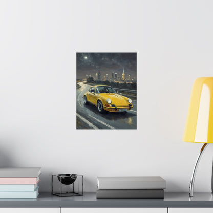1973 Porsche 911 Wall Art Signal Yellow Night Highway City Skyline Full Moon Poster Classic German Sports Car Oil Painting Fine Art Print for Home Office Decor