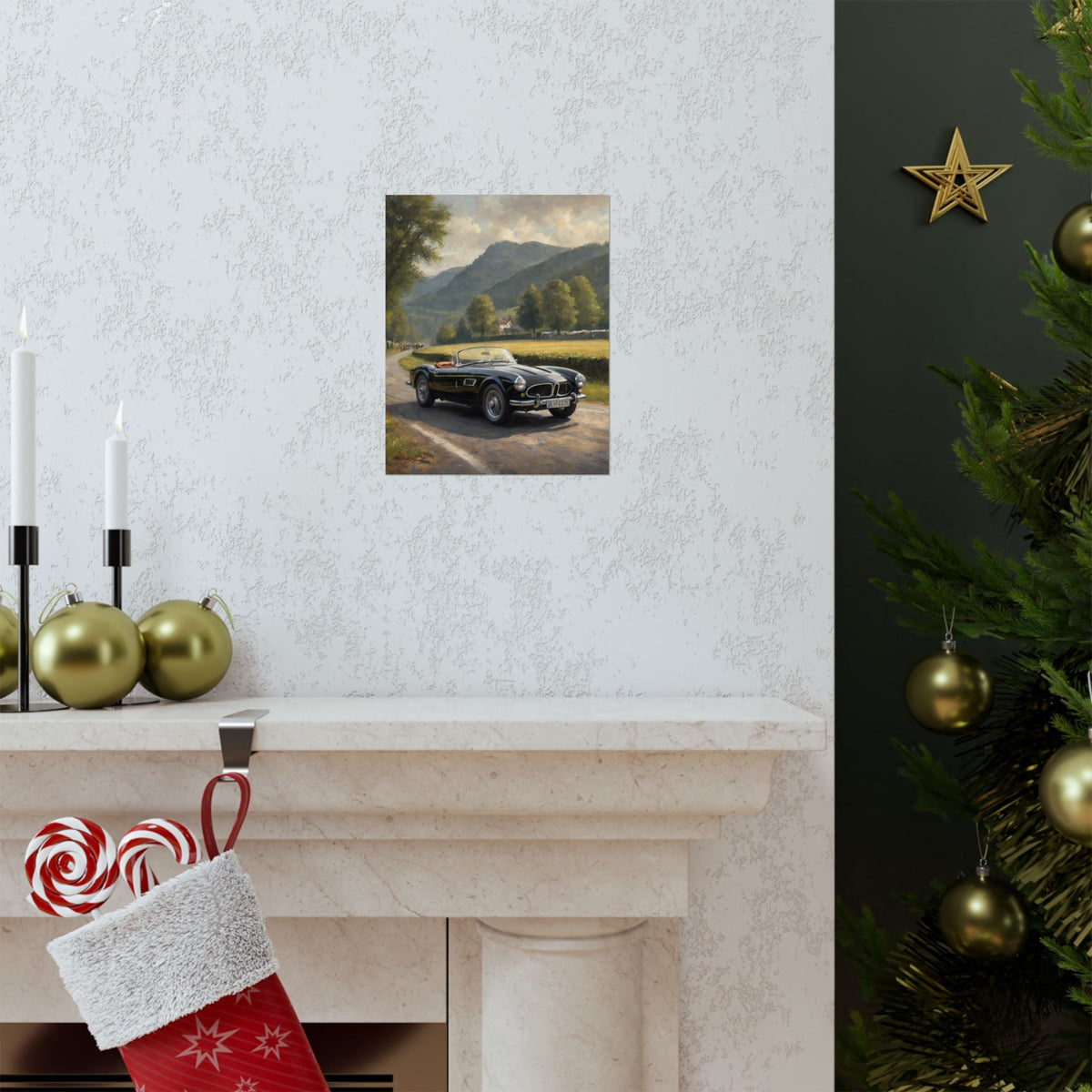 Vintage 1957 BMW 507 Roadster Poster | Countryside Mountain Road Wall Art | Impressionist European Classic Sports Car Fine Art Paper Print