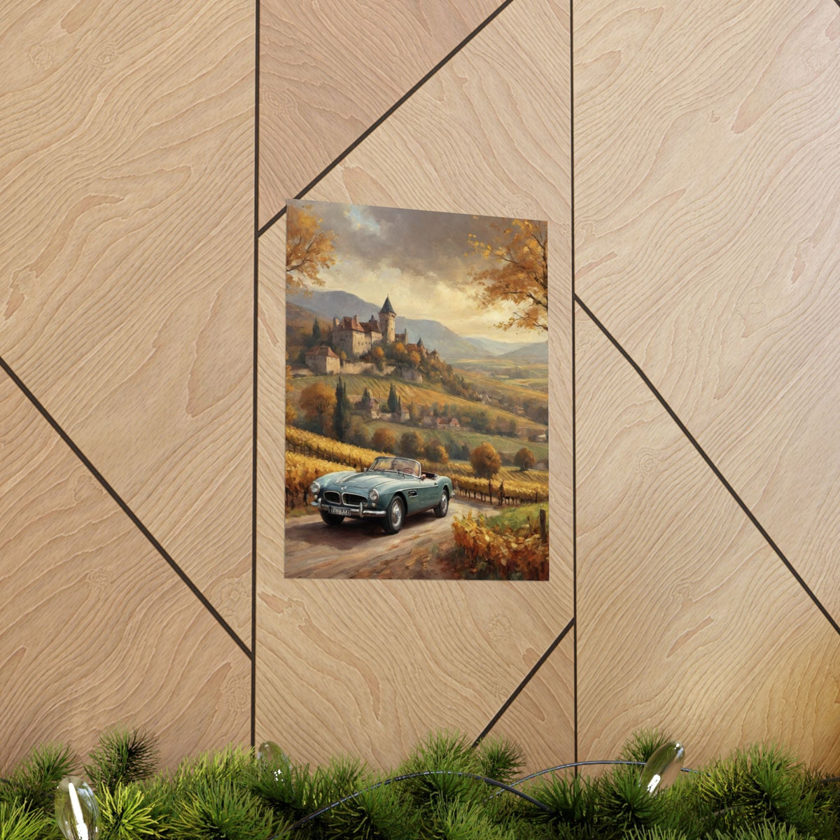 Vintage 1957 BMW 507 Roadster Poster | Autumn Vineyard Castle Valley Wall Art | Impressionist European Classic Sports Car Fine Art Paper Print