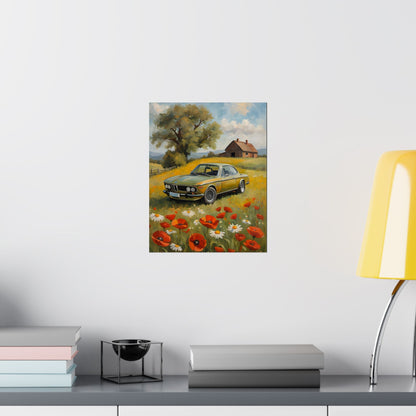 1973 BMW 30 CSL Wall Art Taiga Green Spring Poppy Field Countryside Barn Poster Classic German Sports Coupe Oil Painting Fine Art Print for Home Office Decor