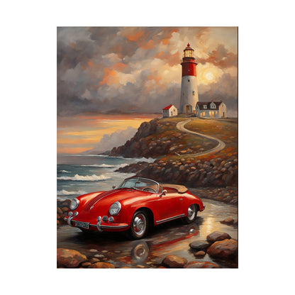Vintage 1956 Porsche 356 Speedster Poster | Coastal Lighthouse Sunset Wall Art | Impressionist European Classic Sports Car Fine Art Paper Print