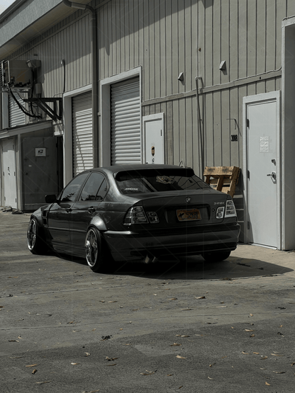 BMW 3-Series E46 sedan clear tail lights by K2 Industries, showing the sleek transparent design for model years 1998-2006.