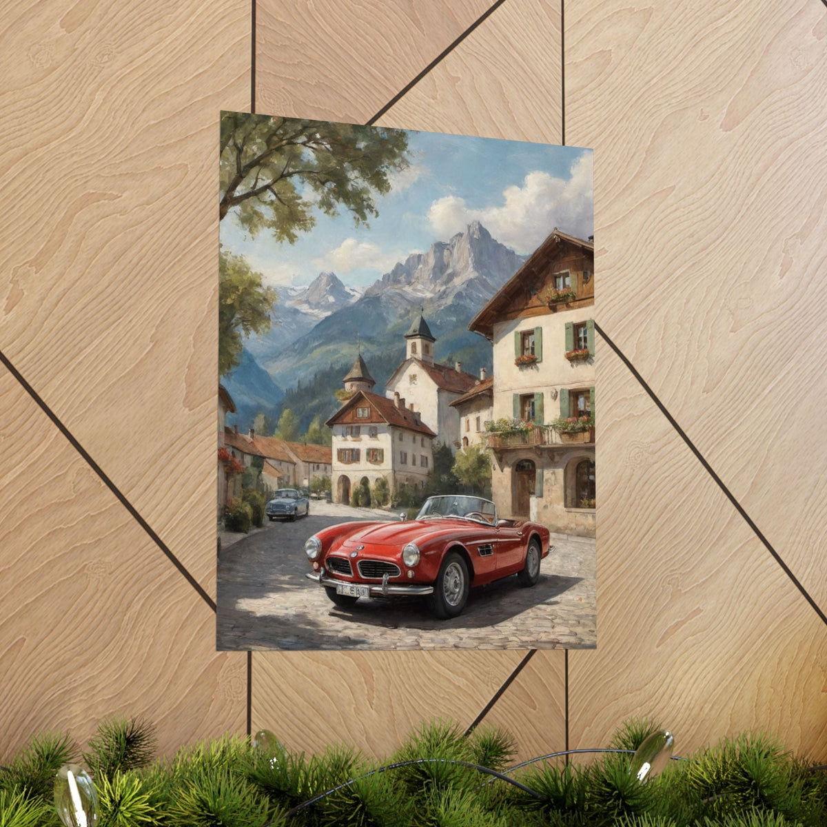Vintage 1957 BMW 507 Roadster Poster | Bavarian Alpine Village Wall Art | Impressionist European Classic Sports Car Fine Art Paper Print
