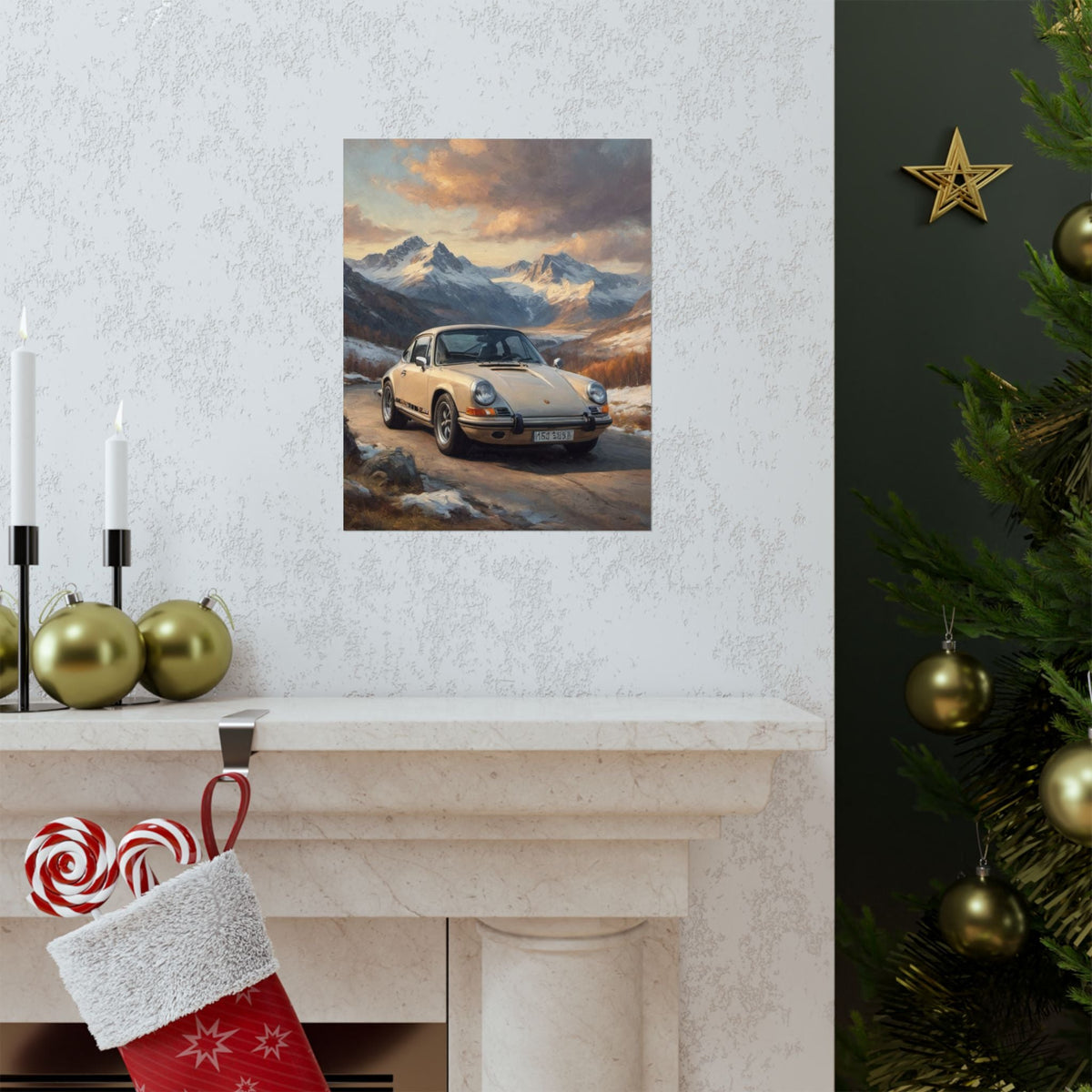 1973 Porsche 911 Wall Art Beige Sahara Grey Snow Capped Alps Alpine Pass Sunset Poster Classic German Sports Car Oil Painting Fine Art Print for Home Office Decor
