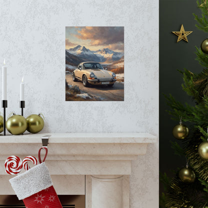 1973 Porsche 911 Wall Art Beige Sahara Grey Snow Capped Alps Alpine Pass Sunset Poster Classic German Sports Car Oil Painting Fine Art Print for Home Office Decor