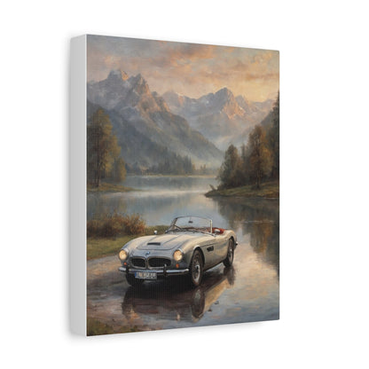 Vintage 1957 BMW 507 Roadster Canvas Wall Art | Alpine Lake Sunset Reflection Canvas Print | Impressionist Classic European Sports Car Art for Living Room & Office