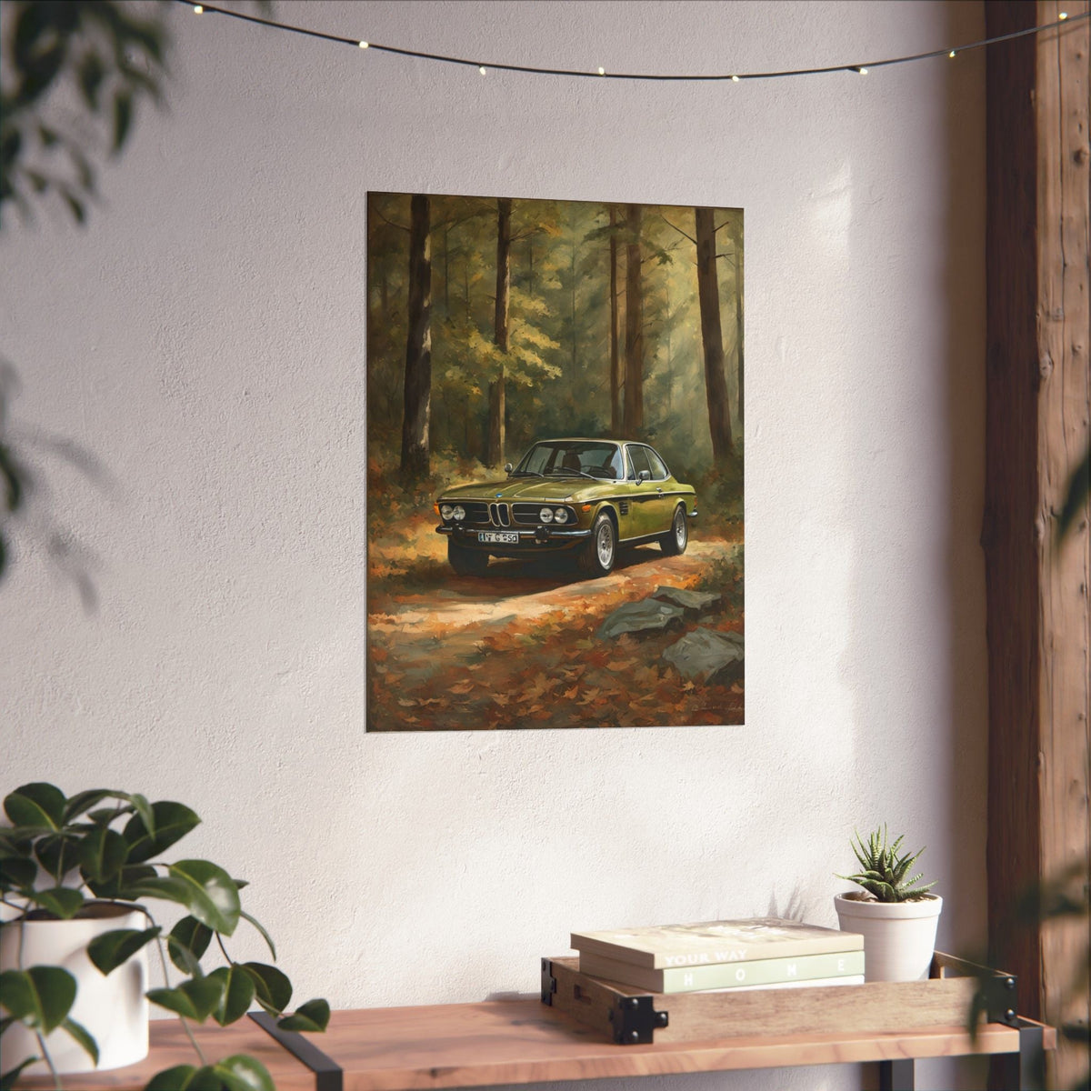 1973 BMW 30 CSL Wall Art Taiga Metallic Green Autumn Forest Sunlight Poster Classic German Sports Coupe Oil Painting Fine Art Print for Home Office Decor