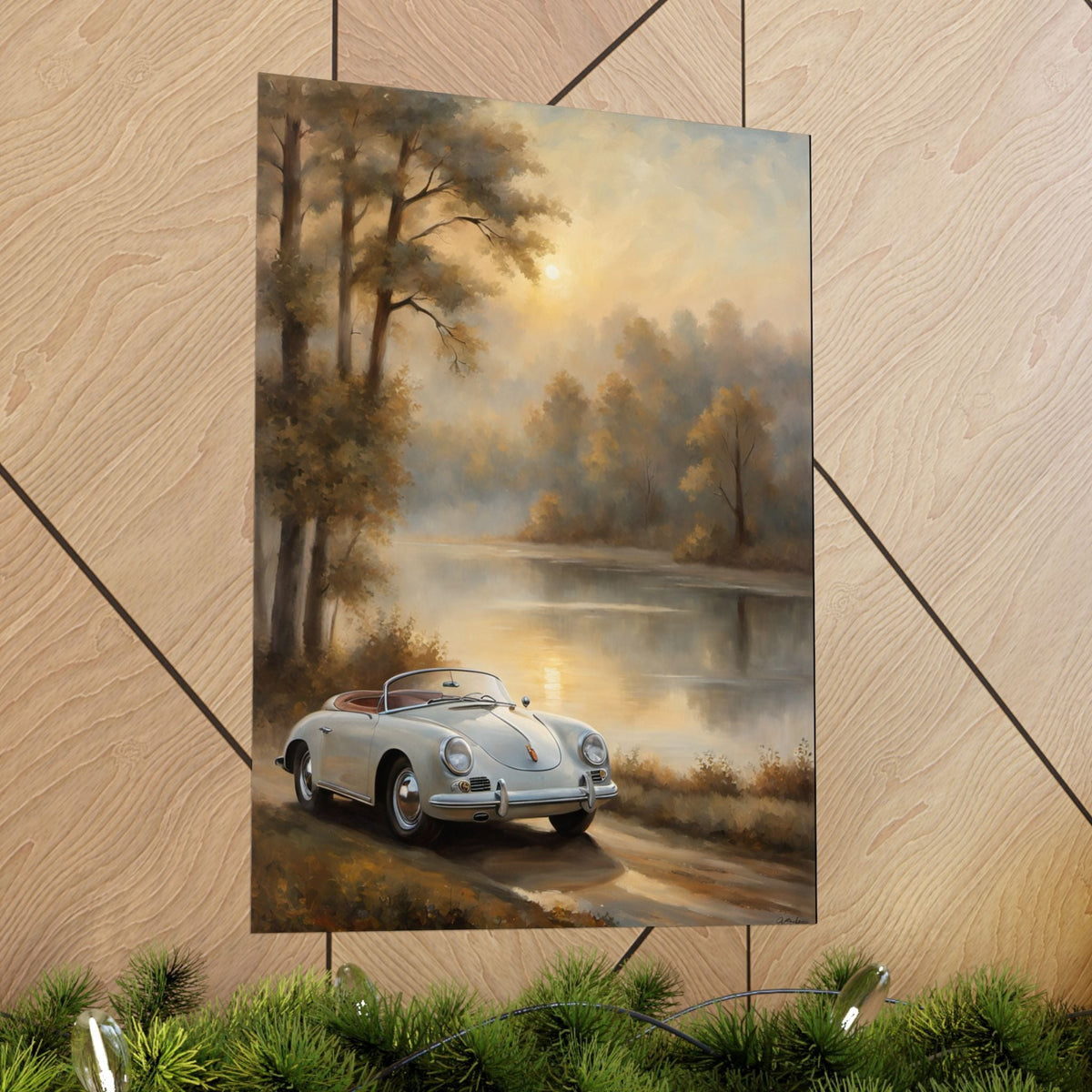 Vintage 1956 Porsche 356 Speedster Poster | Misty Lakeside Sunrise Wall Art | Impressionist European Classic Sports Car Fine Art Paper Print