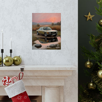 1973 BMW 30 CSL Wall Art Polaris Silver Gold Lake Sunset Water Reflection Poster Classic German Sports Coupe Oil Painting Fine Art Print for Home Office Decor