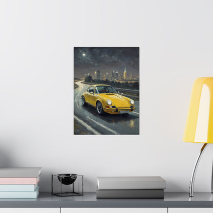 1973 Porsche 911 Wall Art Signal Yellow Night Highway City Skyline Full Moon Poster Classic German Sports Car Oil Painting Fine Art Print for Home Office Decor