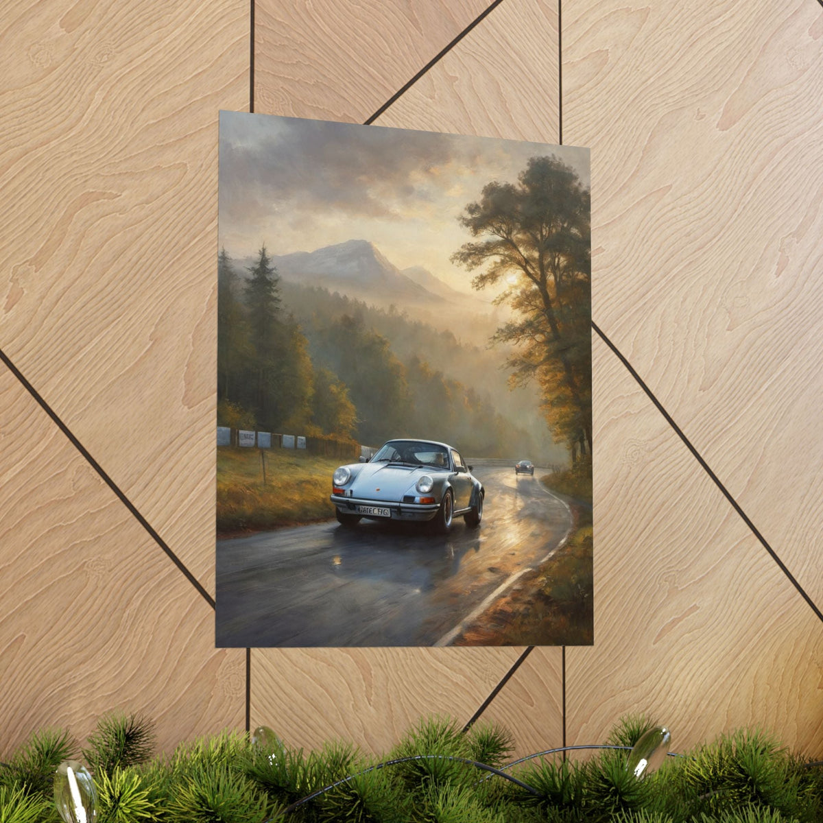 1973 Porsche 911 Wall Art Silver Metallic Nürburgring Nordschleife Misty Forest Racetrack Sunrise Poster Classic German Sports Car Oil Painting Fine Art Print for Home Office Decor
