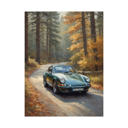 1973 Porsche 911 Wall Art Forest Green Autumn Pine Forest Dirt Road Poster Classic German Sports Car Oil Painting Fine Art Print for Home Office Decor