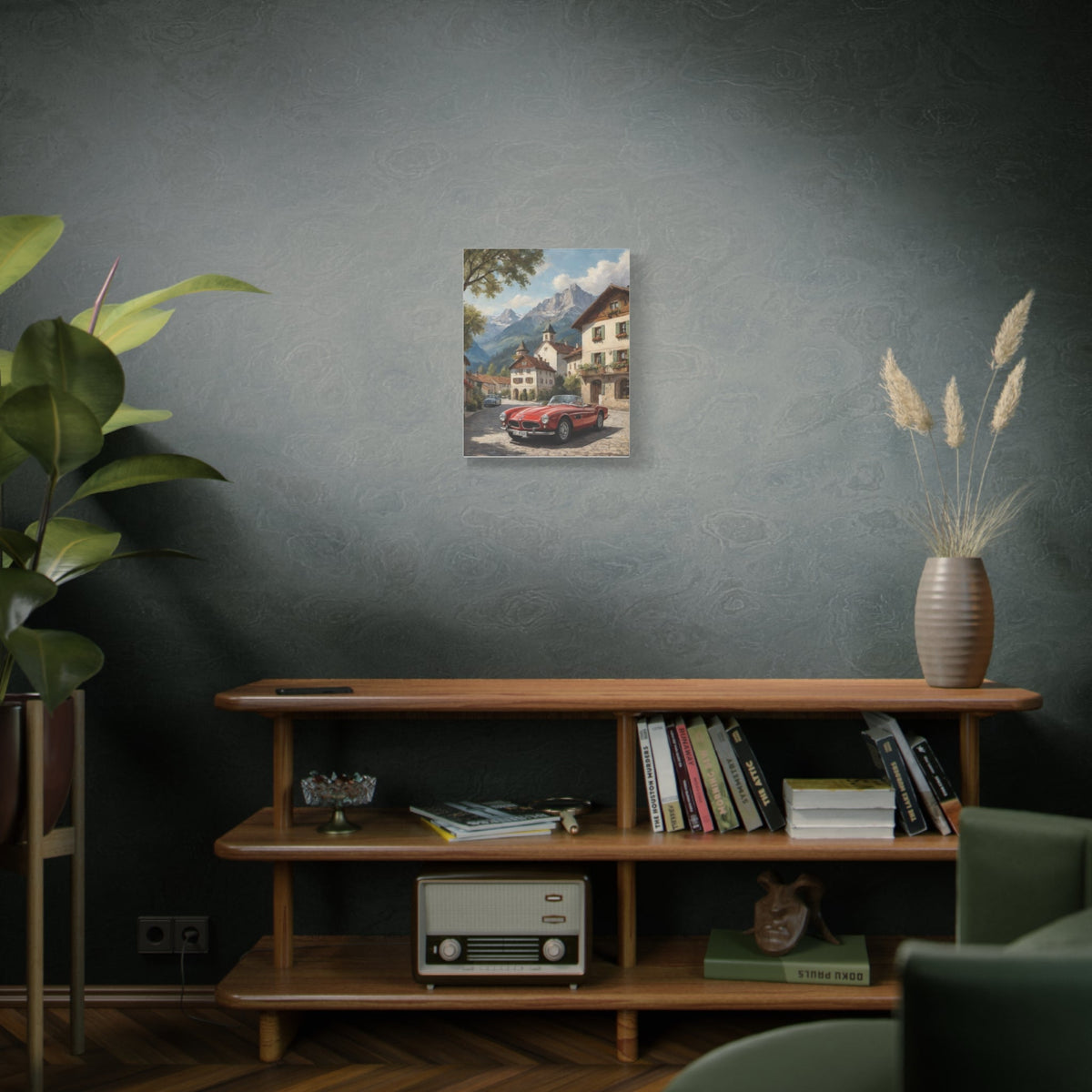Vintage 1957 BMW 507 Roadster Canvas Wall Art | Bavarian Alpine Village Canvas Print | Impressionist Classic European Sports Car Art for Living Room & Office