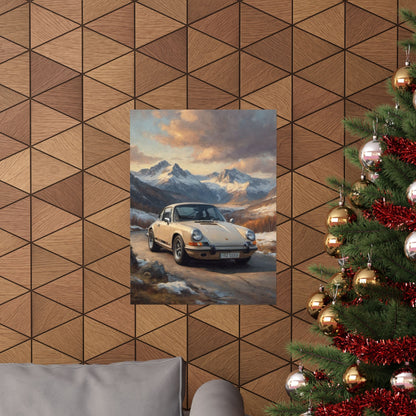 1973 Porsche 911 Wall Art Beige Sahara Grey Snow Capped Alps Alpine Pass Sunset Poster Classic German Sports Car Oil Painting Fine Art Print for Home Office Decor