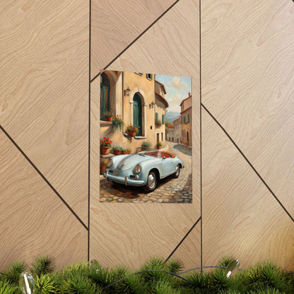 Vintage 1956 Porsche 356 Speedster Poster | Italian Village Street Wall Art | Impressionist European Classic Sports Car Fine Art Paper Print