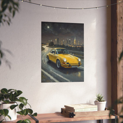 1973 Porsche 911 Wall Art Signal Yellow Night Highway City Skyline Full Moon Poster Classic German Sports Car Oil Painting Fine Art Print for Home Office Decor