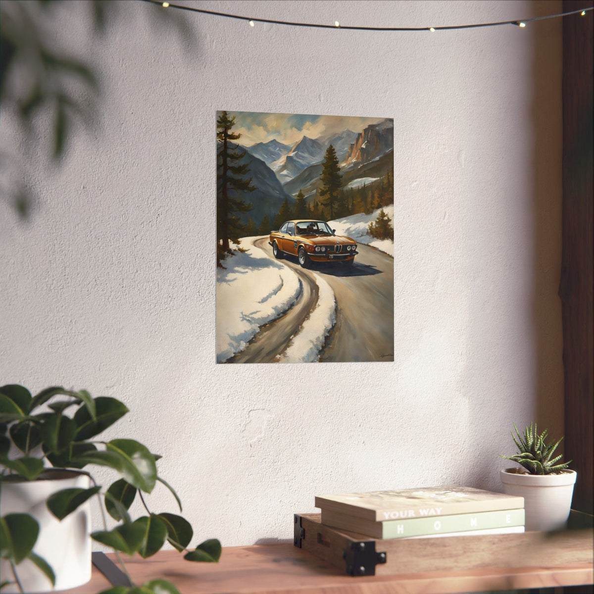 1973 BMW 30 CSL Wall Art Inka Orange Bronze Alpine Mountain Pass Snow Road Poster Classic German Sports Coupe Oil Painting Fine Art Print for Home Office Decor