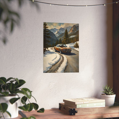 1973 BMW 30 CSL Wall Art Inka Orange Bronze Alpine Mountain Pass Snow Road Poster Classic German Sports Coupe Oil Painting Fine Art Print for Home Office Decor