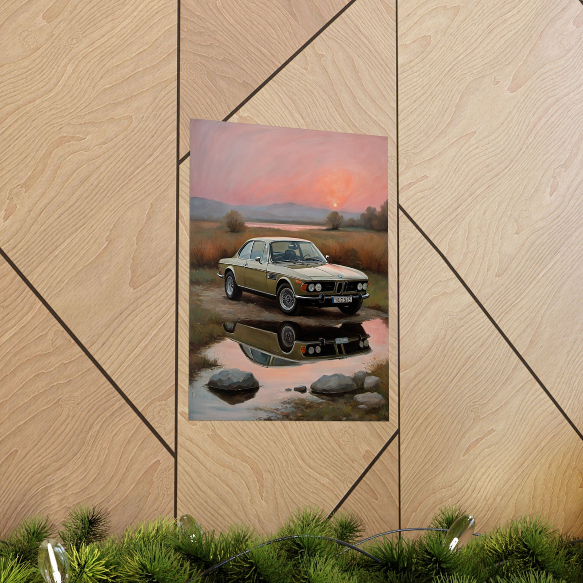 1973 BMW 30 CSL Wall Art Polaris Silver Gold Lake Sunset Water Reflection Poster Classic German Sports Coupe Oil Painting Fine Art Print for Home Office Decor