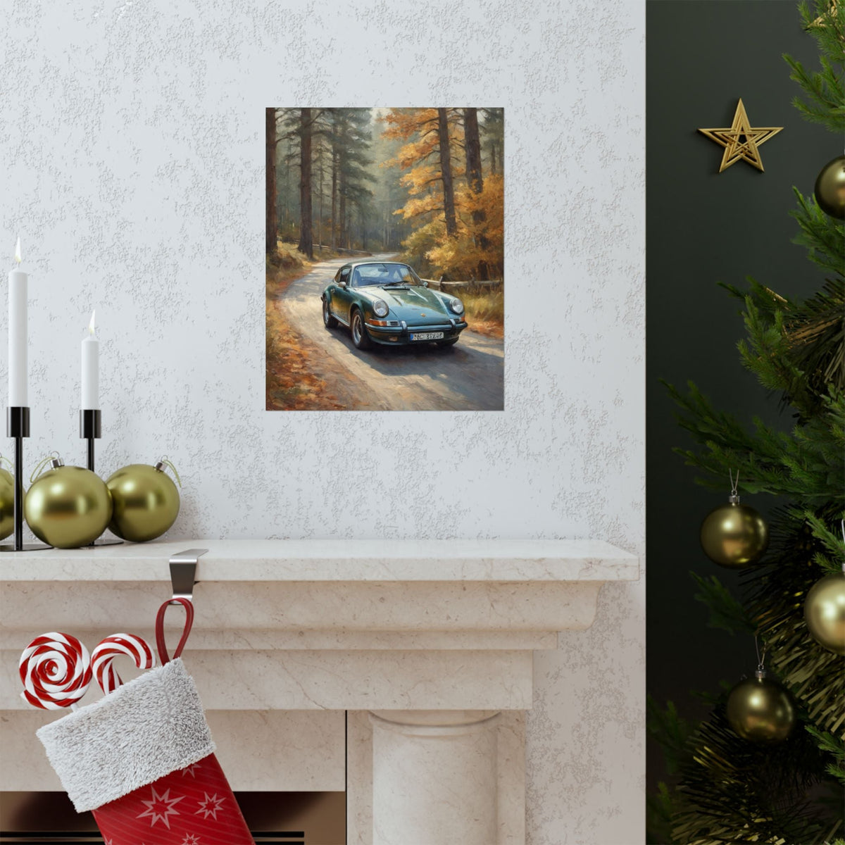 1973 Porsche 911 Wall Art Forest Green Autumn Pine Forest Dirt Road Poster Classic German Sports Car Oil Painting Fine Art Print for Home Office Decor