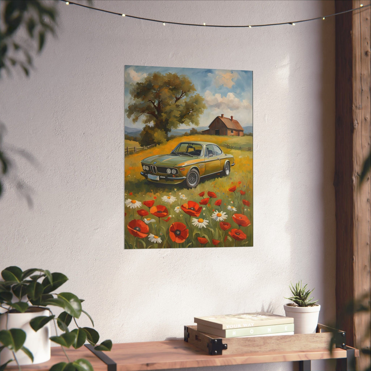 1973 BMW 30 CSL Wall Art Taiga Green Spring Poppy Field Countryside Barn Poster Classic German Sports Coupe Oil Painting Fine Art Print for Home Office Decor