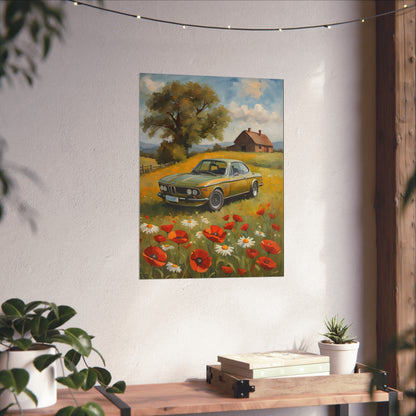 1973 BMW 30 CSL Wall Art Taiga Green Spring Poppy Field Countryside Barn Poster Classic German Sports Coupe Oil Painting Fine Art Print for Home Office Decor