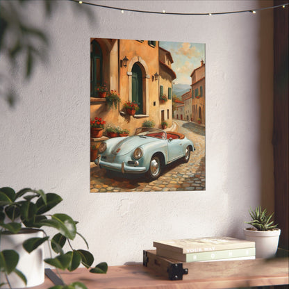 Vintage 1956 Porsche 356 Speedster Poster | Italian Village Street Wall Art | Impressionist European Classic Sports Car Fine Art Paper Print
