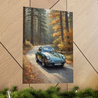 1973 Porsche 911 Wall Art Forest Green Autumn Pine Forest Dirt Road Poster Classic German Sports Car Oil Painting Fine Art Print for Home Office Decor