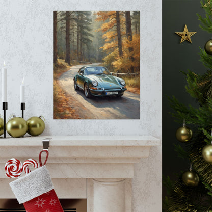 1973 Porsche 911 Wall Art Forest Green Autumn Pine Forest Dirt Road Poster Classic German Sports Car Oil Painting Fine Art Print for Home Office Decor