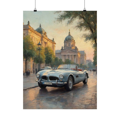 Vintage 1957 BMW 507 Roadster Poster | European City Boulevard Sunset Wall Art | Impressionist European Classic Sports Car Fine Art Paper Print