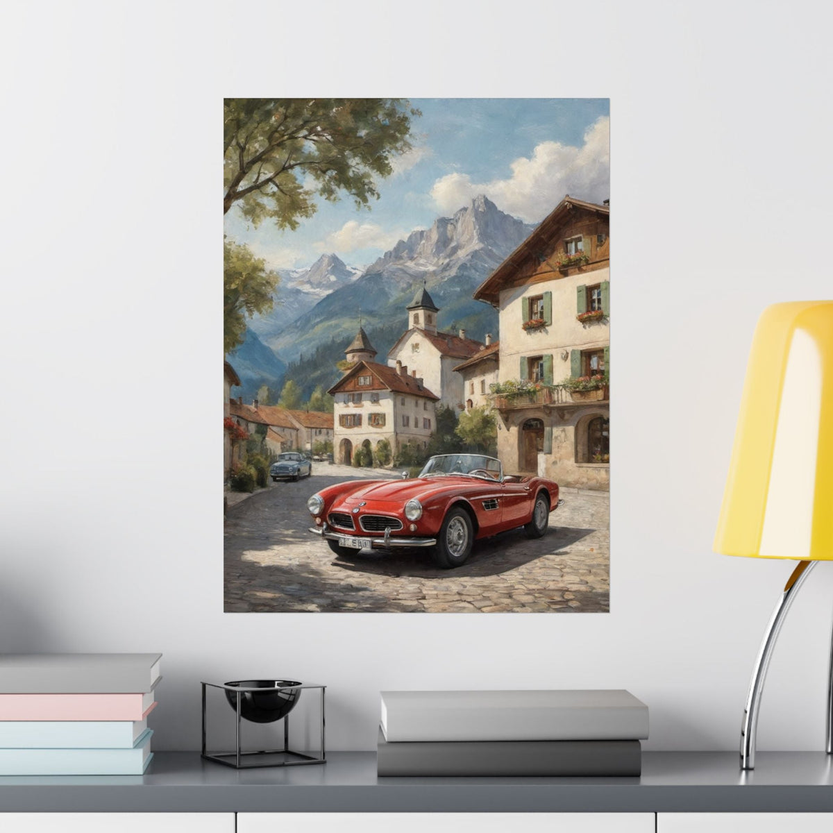 Vintage 1957 BMW 507 Roadster Poster | Bavarian Alpine Village Wall Art | Impressionist European Classic Sports Car Fine Art Paper Print