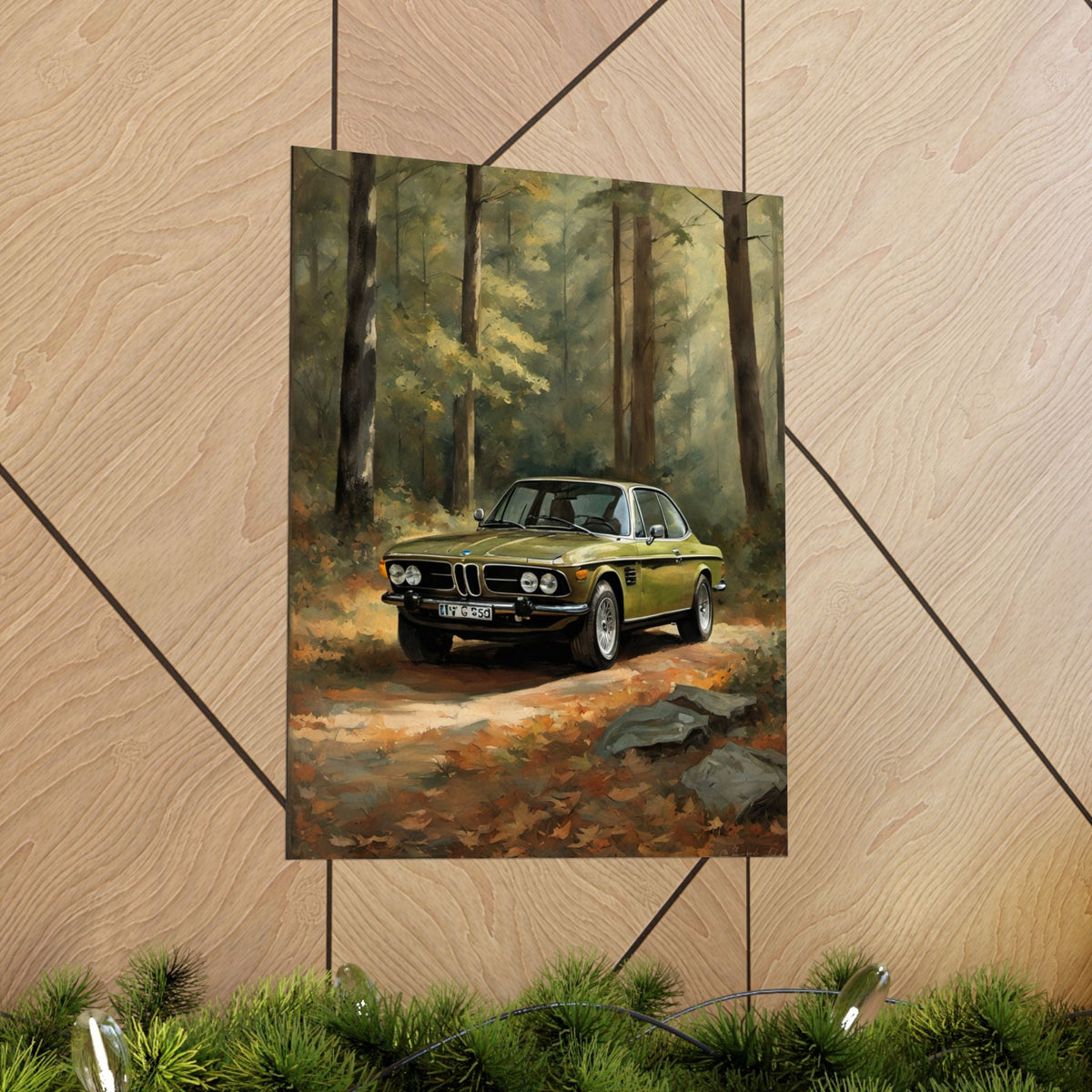 1973 BMW 30 CSL Wall Art Taiga Metallic Green Autumn Forest Sunlight Poster Classic German Sports Coupe Oil Painting Fine Art Print for Home Office Decor