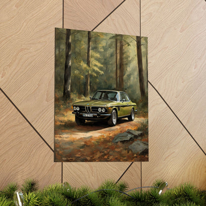 1973 BMW 30 CSL Wall Art Taiga Metallic Green Autumn Forest Sunlight Poster Classic German Sports Coupe Oil Painting Fine Art Print for Home Office Decor