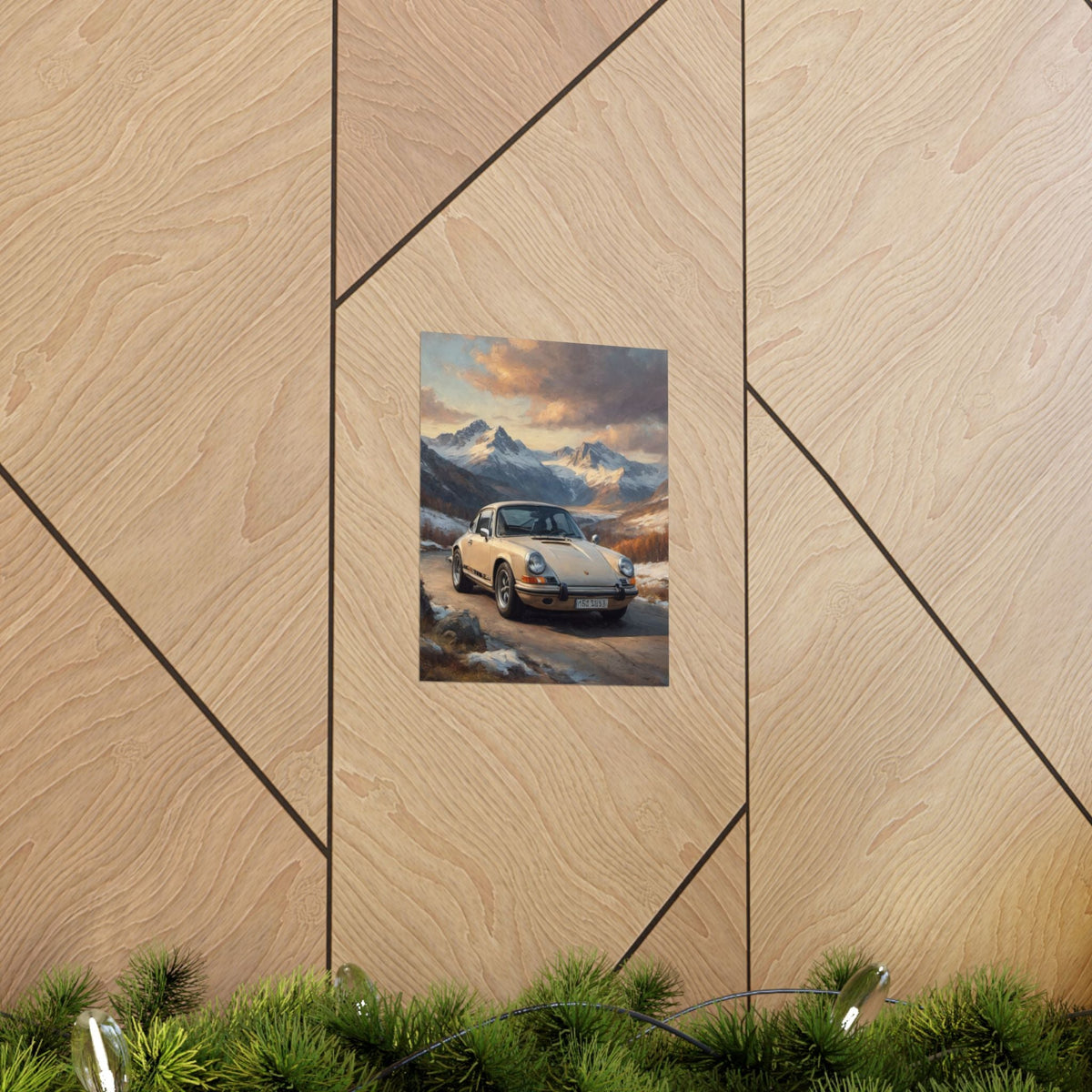 1973 Porsche 911 Wall Art Beige Sahara Grey Snow Capped Alps Alpine Pass Sunset Poster Classic German Sports Car Oil Painting Fine Art Print for Home Office Decor