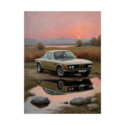 1973 BMW 30 CSL Wall Art Polaris Silver Gold Lake Sunset Water Reflection Poster Classic German Sports Coupe Oil Painting Fine Art Print for Home Office Decor