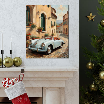 Vintage 1956 Porsche 356 Speedster Poster | Italian Village Street Wall Art | Impressionist European Classic Sports Car Fine Art Paper Print